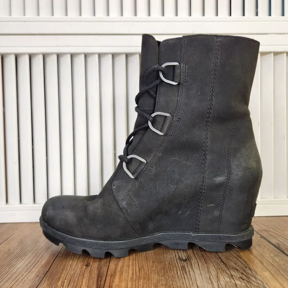 Sorel Joan of Artic Wedge II Womens Sz 10.5 Black Leather Waterproof Ankle Boots